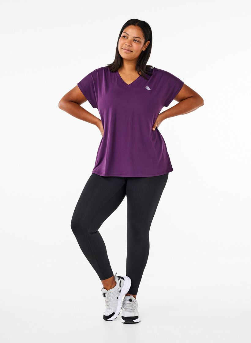 T-shirt de sport ample avec col en V, Violet, Model image number 1