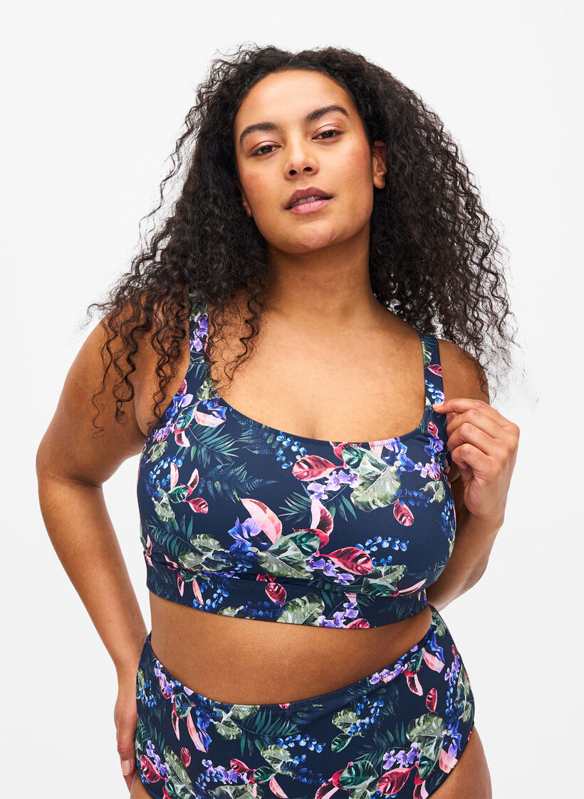 Haut de bikini imprimé avec bretelles réglables, Deep Palm AOP, Model image number 0