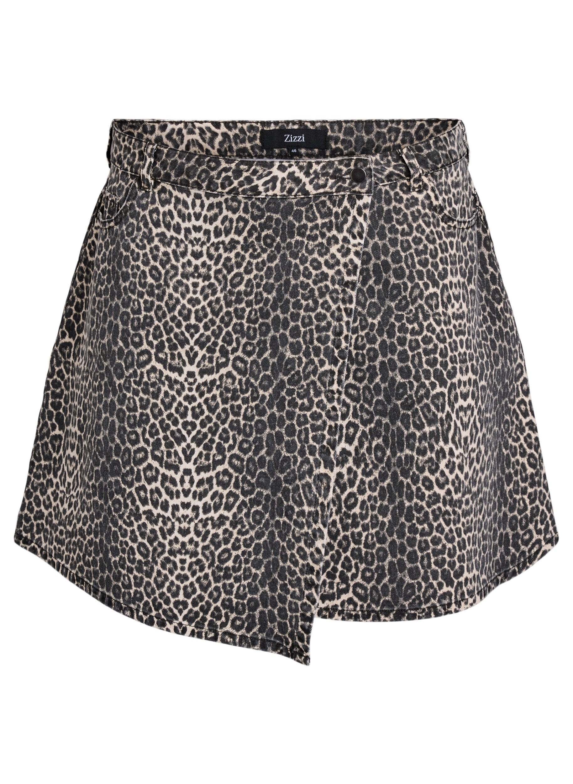 ZizziMini-jupe &eacute;vas&eacute;e en jean imprim&eacute; l&eacute;opard, Marron, Packshot image number 0