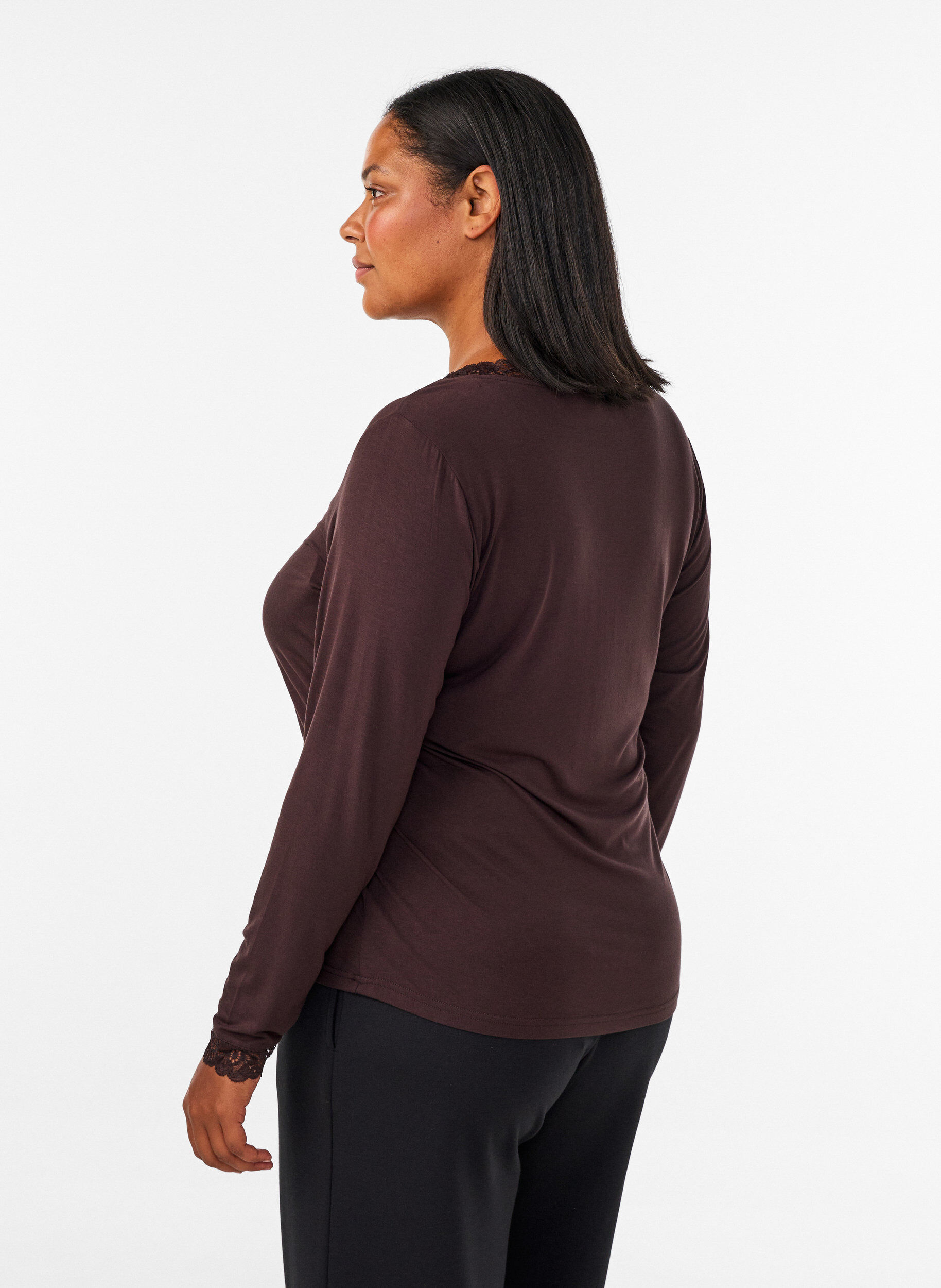 ZizziBluse aus Viskose mit Spitzen und V-Ausschnitt, Braun, Model image number 2