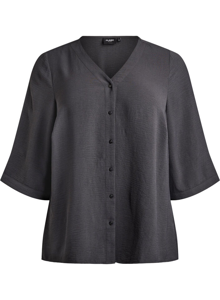 Bluse mit V-Ausschnitt und 3/4-&Auml;rmeln, Grau, Packshot image number 0