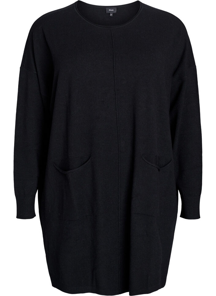 Kurzes Strickkleid mit Mittelnaht und Taschen, Schwarz, Packshot image number 0