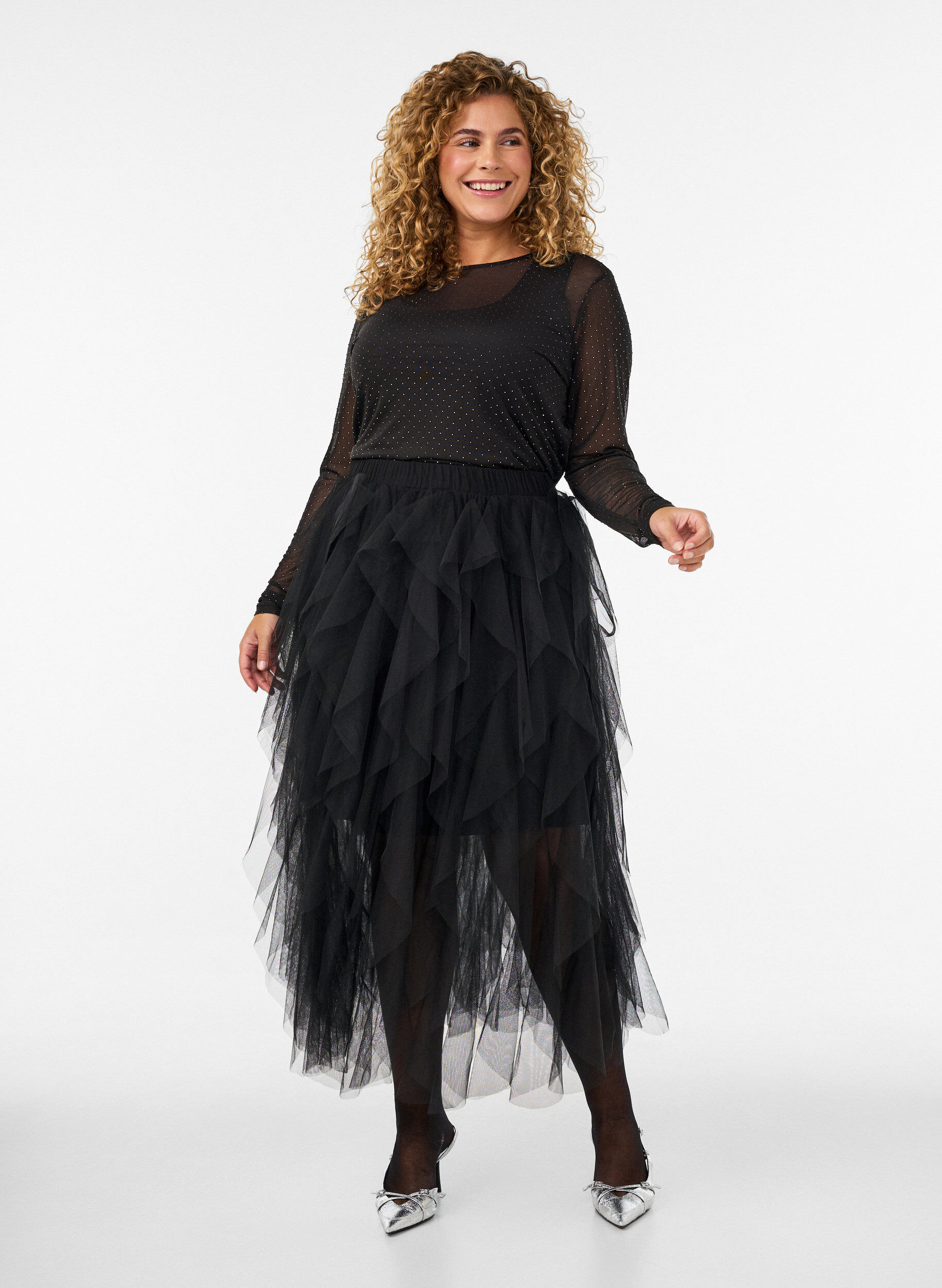ZizziBlouse en maille transparente avec strass, Noir, Model image number 1