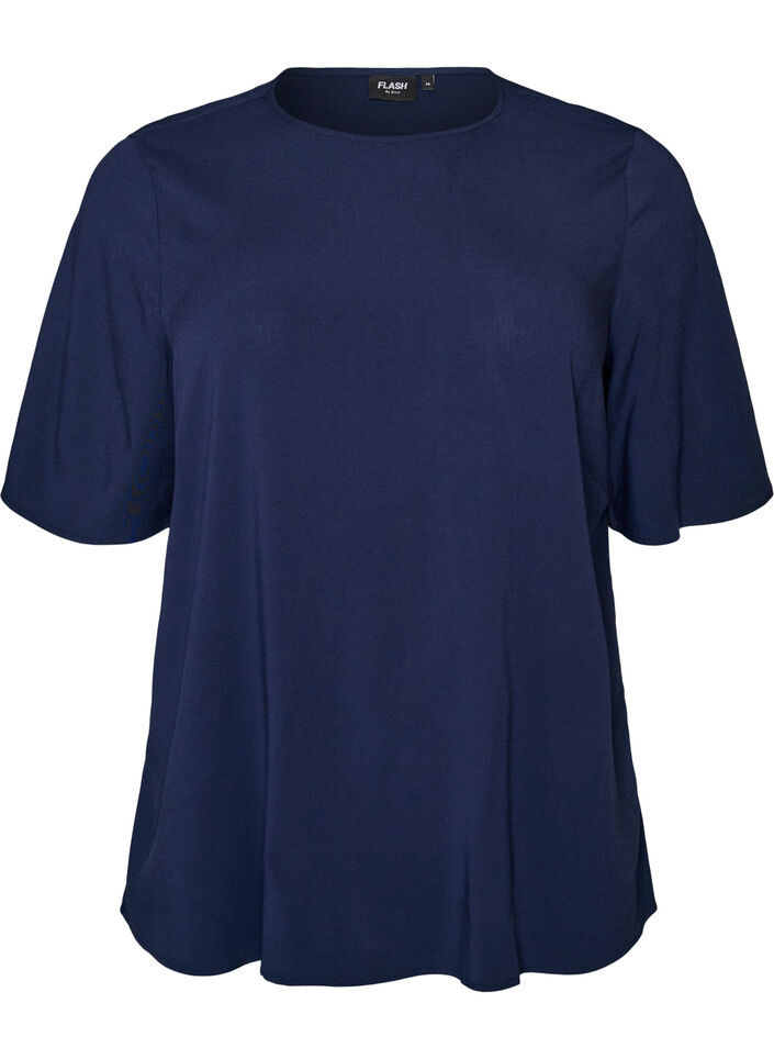 Kurz&auml;rmelige, gewebte Bluse mit Rundhals, Blau, Packshot image number 0
