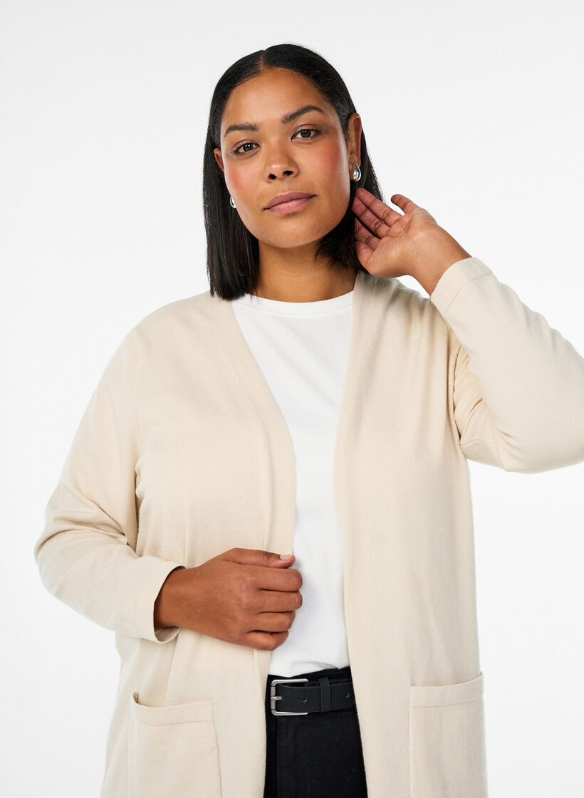 FLASH – Lange, offene Strickjacke mit Taschen, Beige, Model image number 2