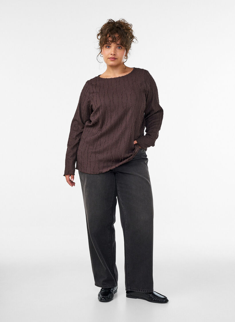 Blouse en jersey ondul&eacute;, Marron, Model image number 1