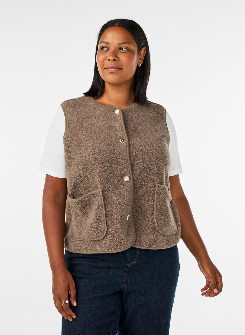 Teddy-Weste mit Kn&ouml;pfen und Taschen, Braun, Model image number 0