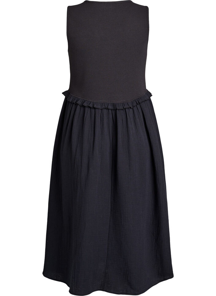 Robe midi sans manches en coton avec maille c&ocirc;tel&eacute;e et mousseline, Noir, Packshot image number 1