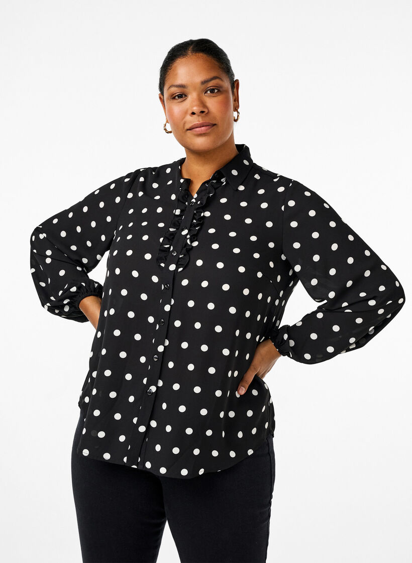 Chemise à pois à jabots, Black W. White Dot, Model image number 0