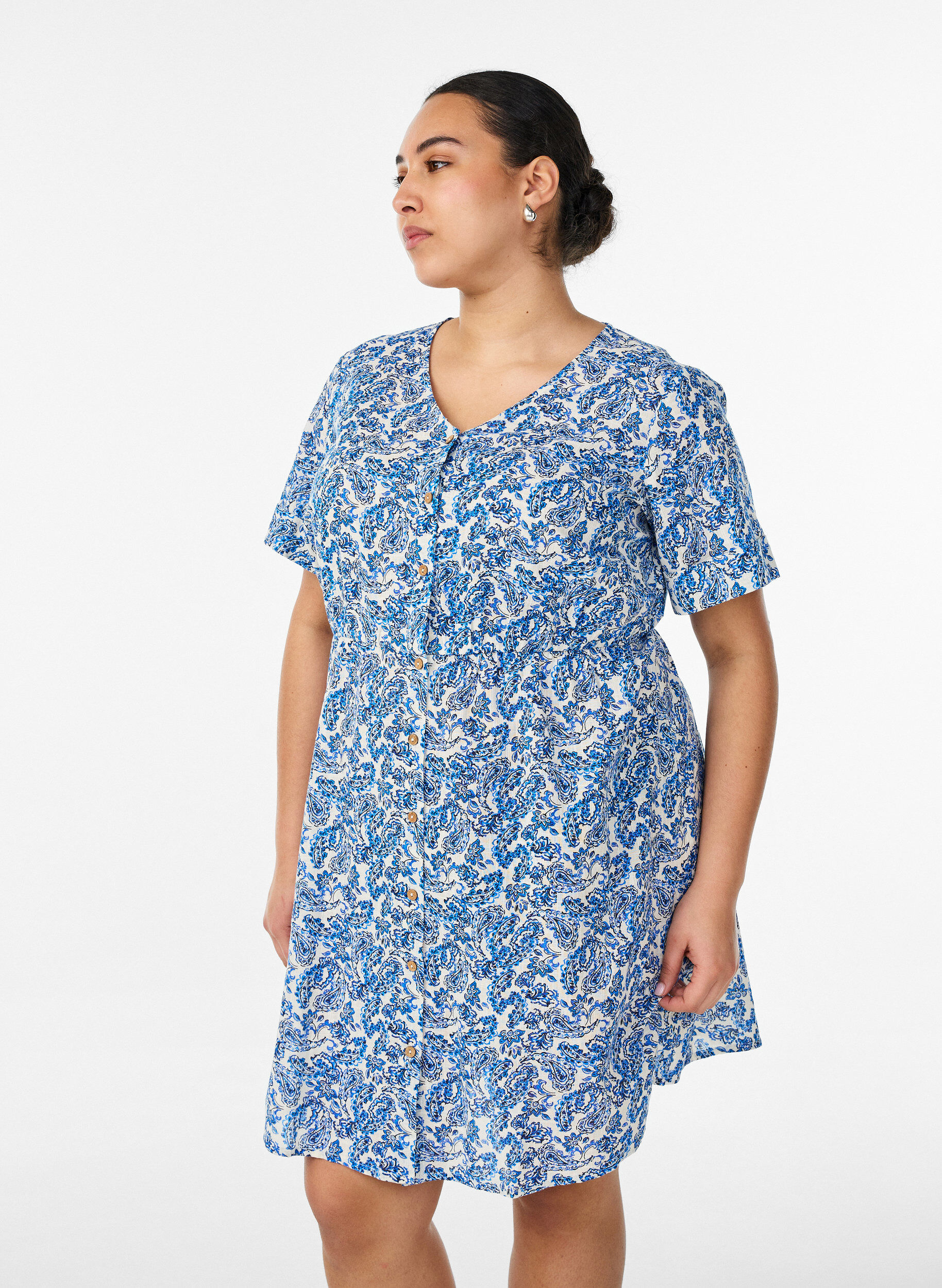 ZizziKurzes Kleid aus Baumwolle mit Blumenprint, Blau, Model image number 0