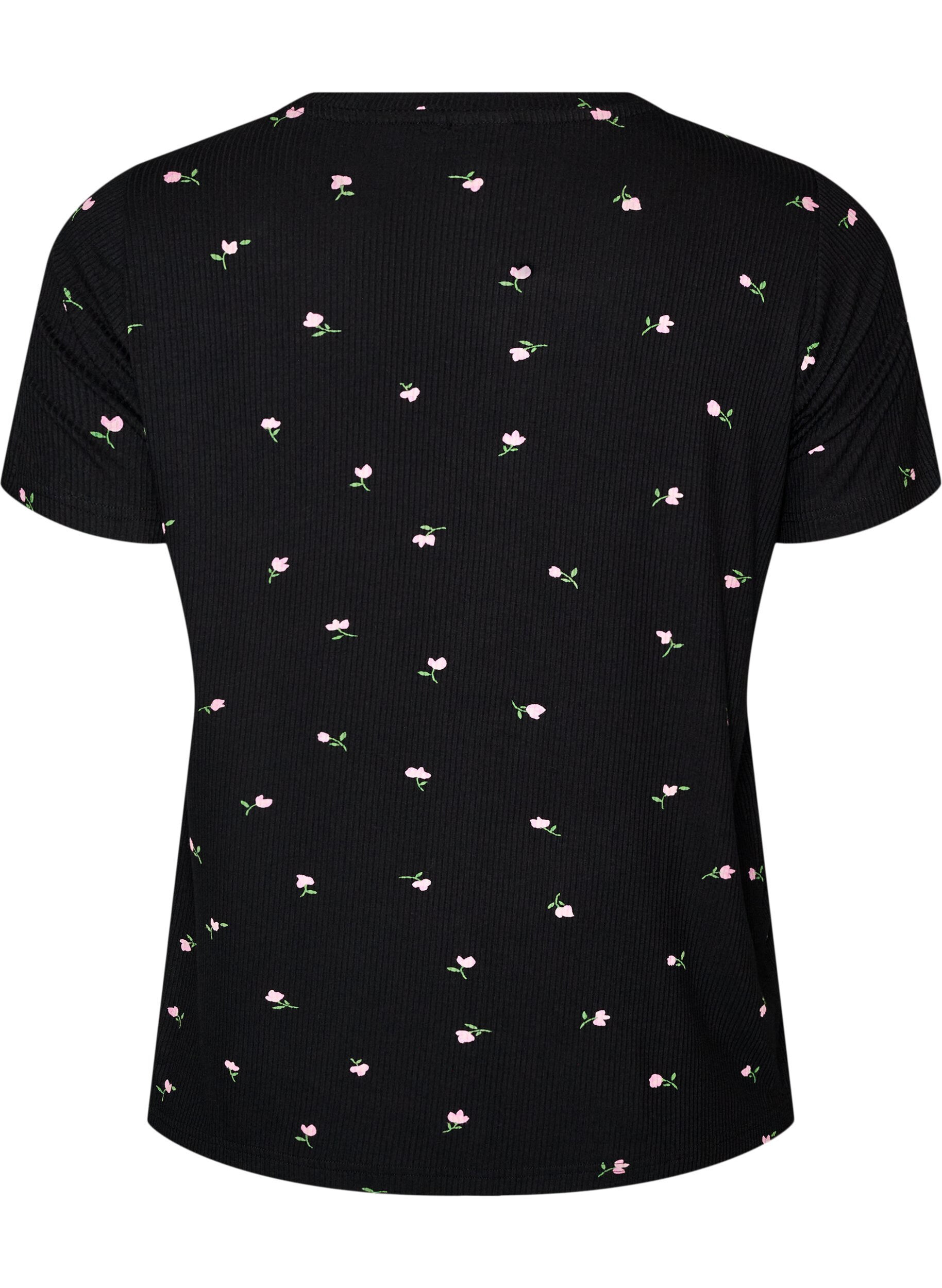 ZizziHaut de pyjama &agrave; imprim&eacute; floral et texture c&ocirc;tel&eacute;e, Noir, Packshot image number 1