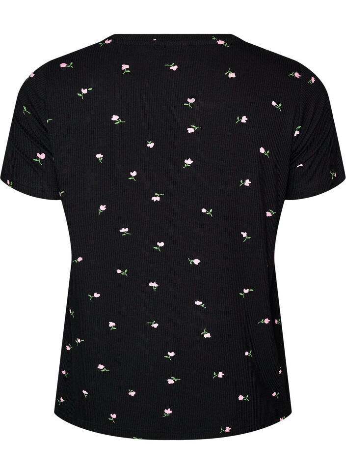 Haut de pyjama &agrave; imprim&eacute; floral et texture c&ocirc;tel&eacute;e, Noir, Packshot image number 1