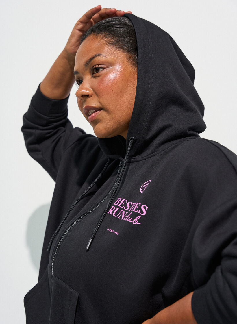 Sweat &agrave; capuche zipp&eacute; avec imprim&eacute; sur la poitrine, Noir, Model image number 3