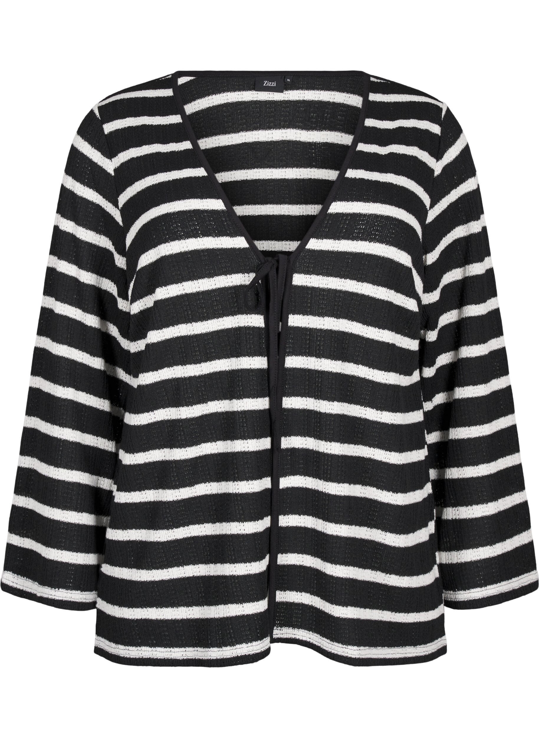 Zizzi Strickjacke mit Bindeb&auml;ndchen, Black White stripe, Packshot image number 0