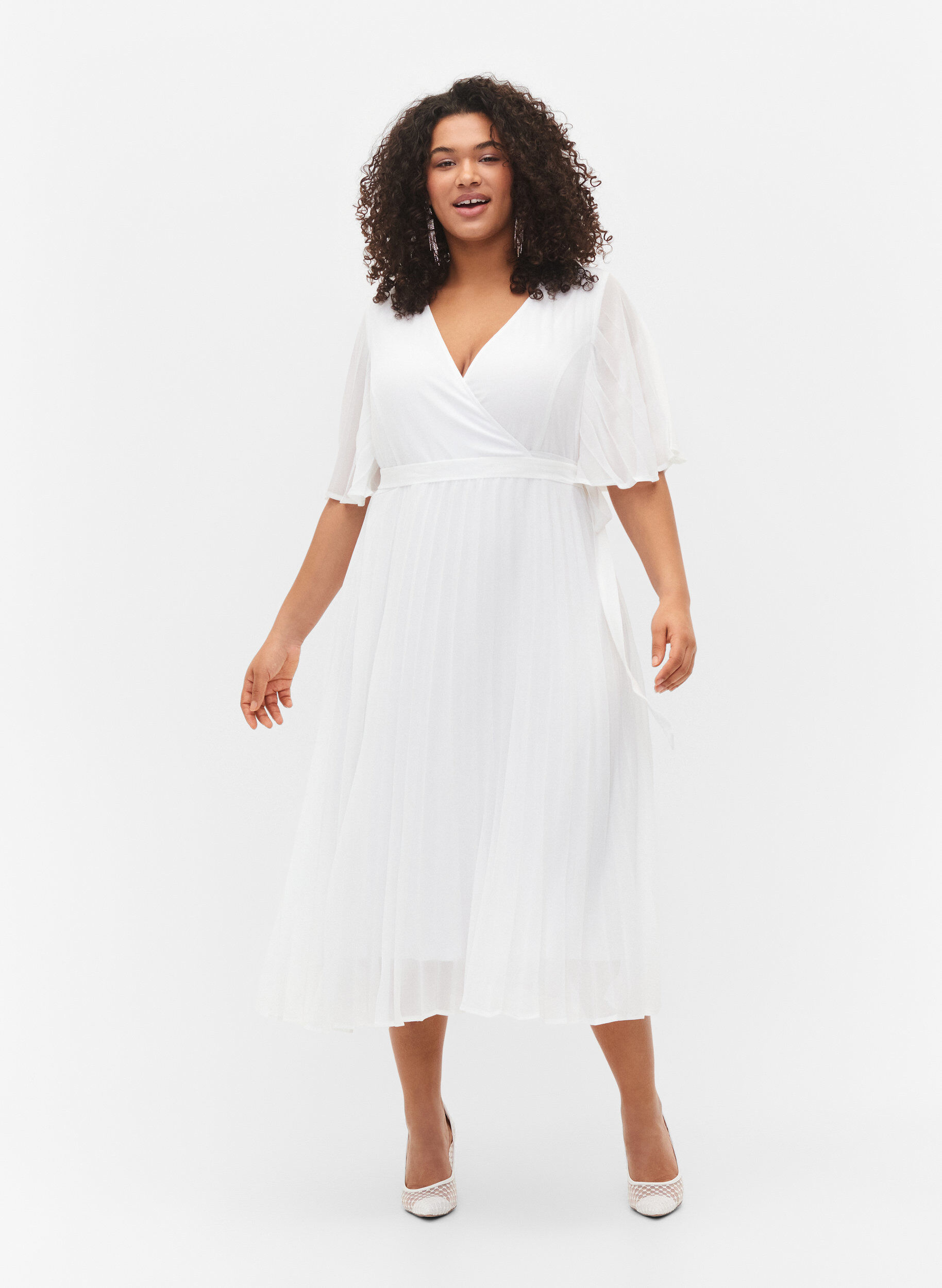 Zizzi Robe midi pliss&eacute;e &agrave; manches courtes, Star White, Model image number 0