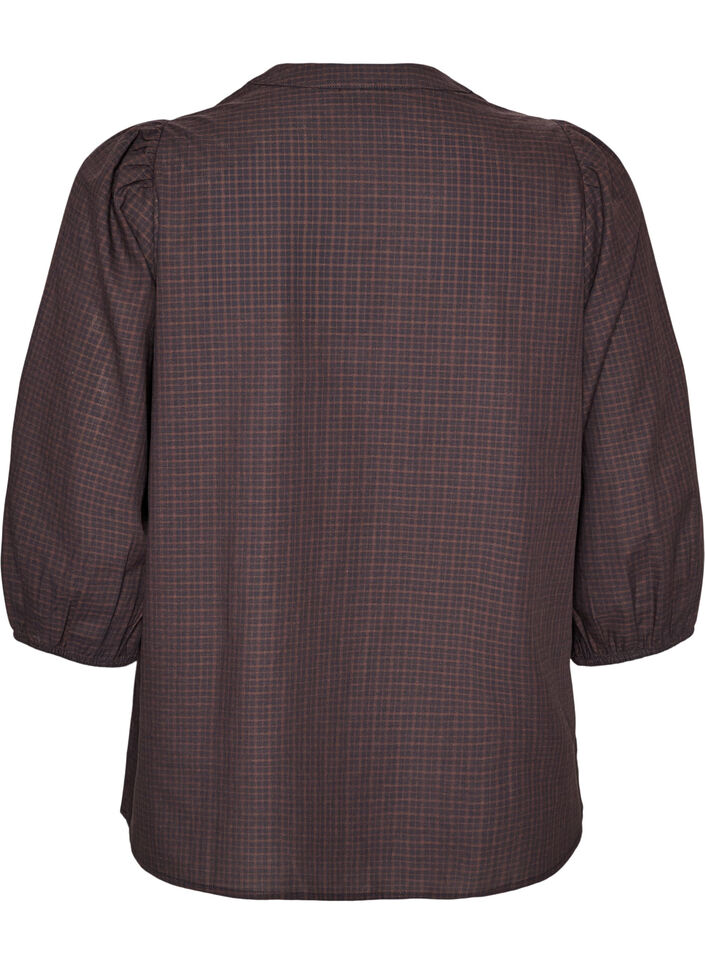 Blouse &agrave; carreaux avec col en V et manches 3/4, Marron, Packshot image number 1