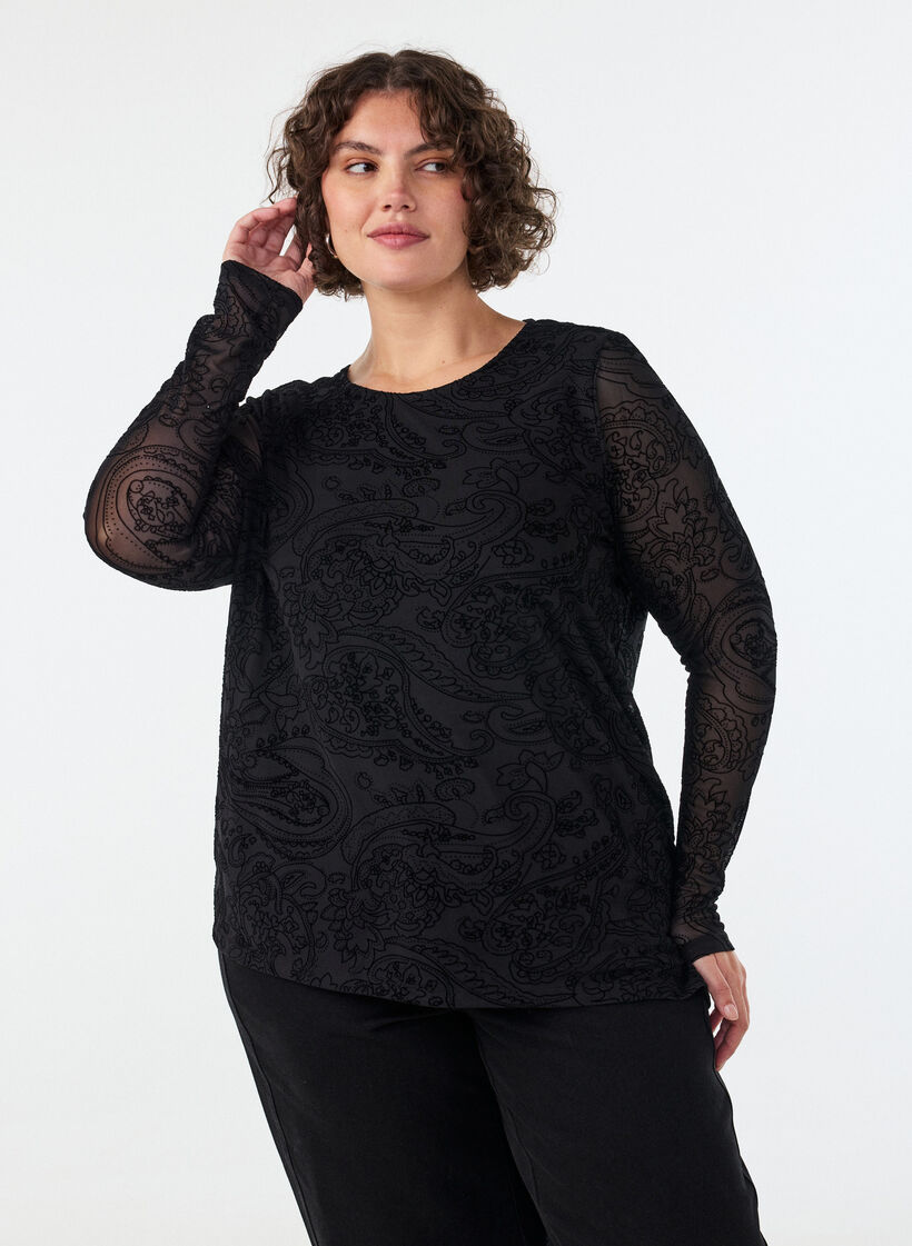 Mesh-Bluse mit Paisley-Print und asymmetrischem Saum, Schwarz, Model image number 0