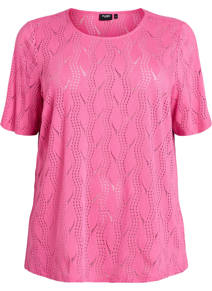 Jersey-Shirt mit Lochmuster, Pink, Packshot image number 0