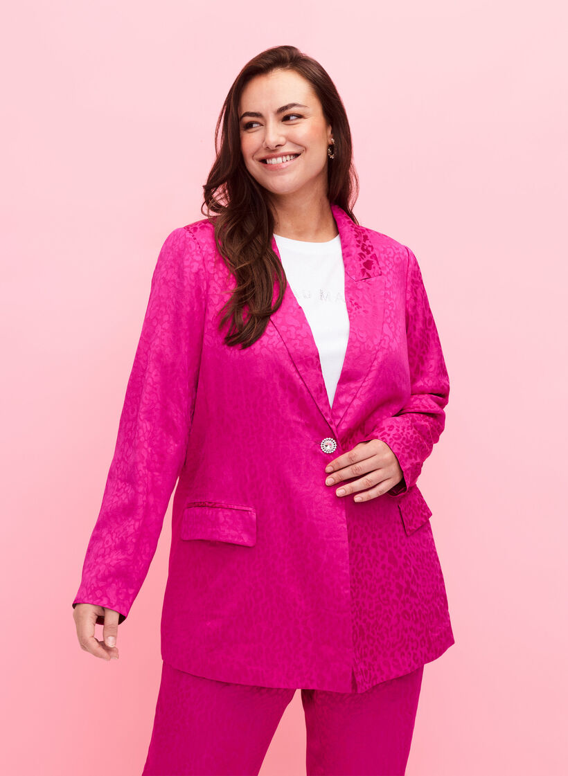 Blazer jacquard ton sur ton en viscose, Rose Violet, Model image number 0
