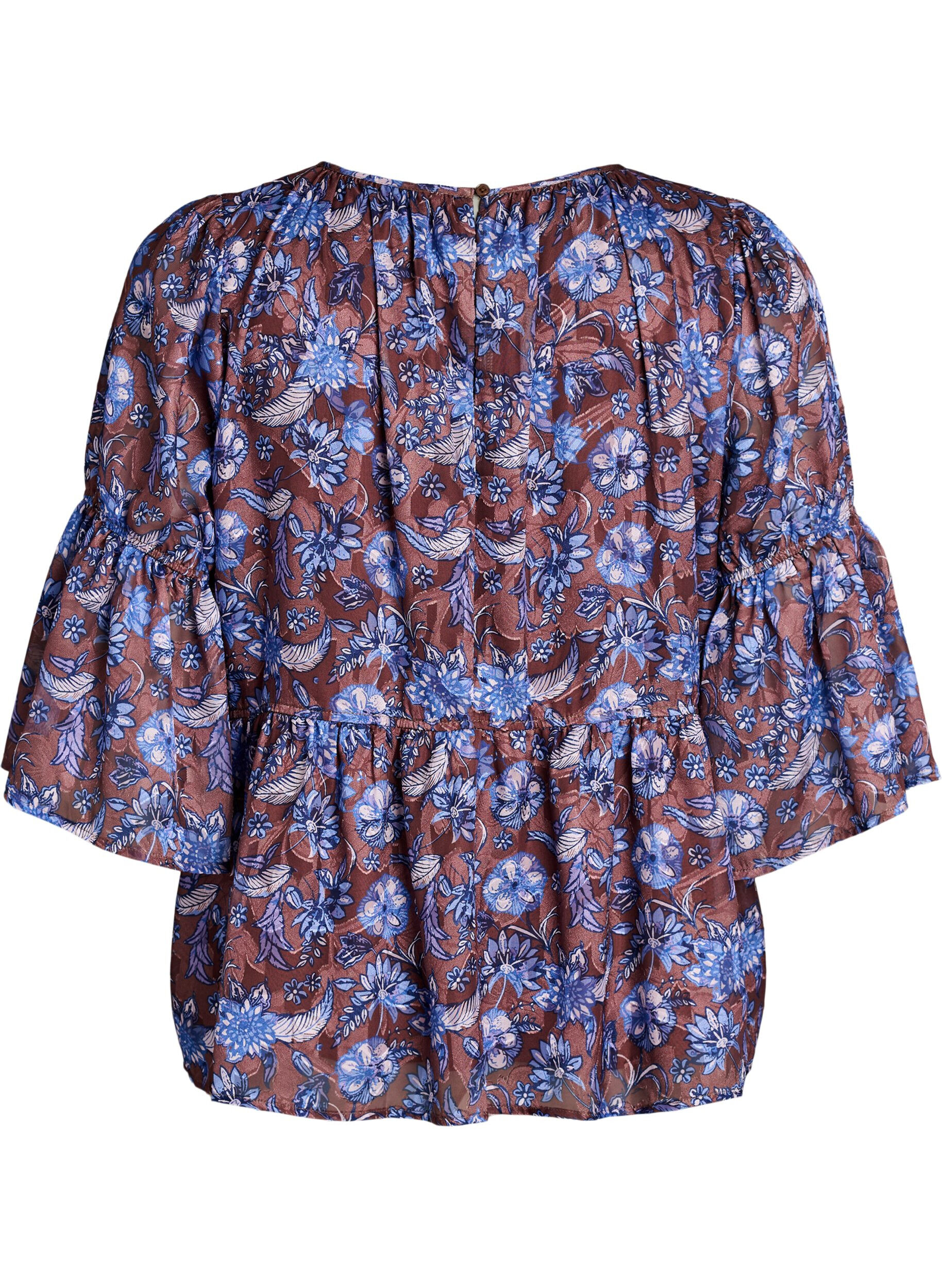 ZizziGebl&uuml;mte Bluse mit R&uuml;schen&auml;rmeln, Braun, Packshot image number 1