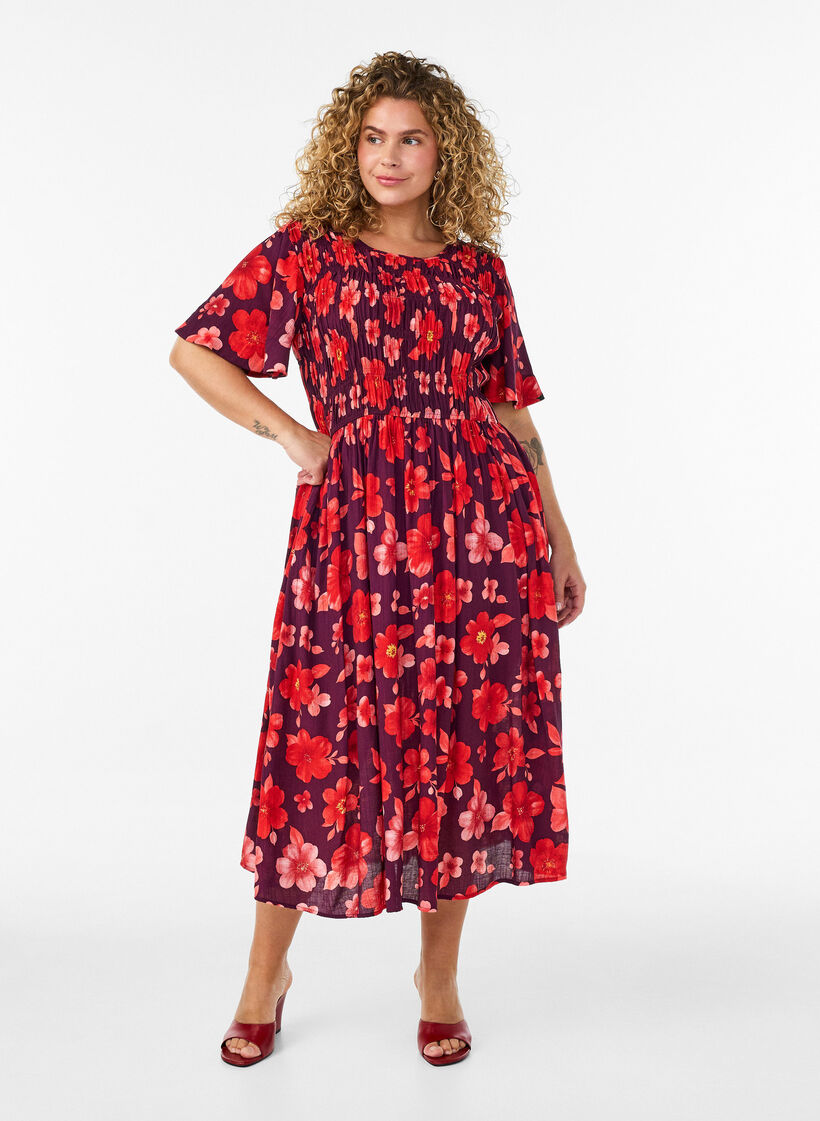 Kleid mit Smock und Blumenprint, Lila, Model image number 0