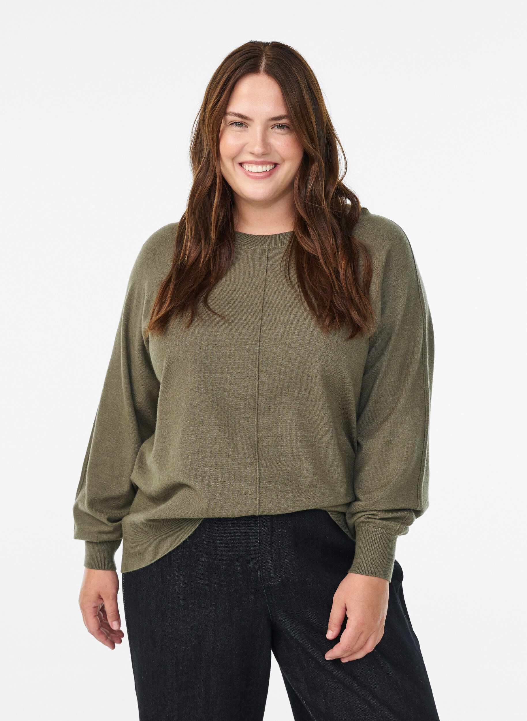 Zizzi Strickbluse mit Mittelnaht und Raglan&auml;rmeln, Gr&uuml;n, Model image number 0