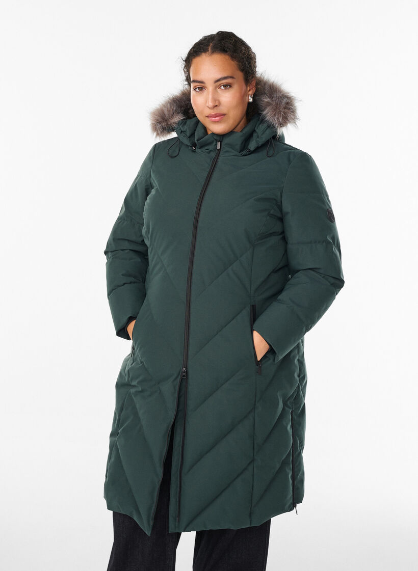 Long manteau d'hiver &agrave; fermeture &agrave; attaches et col en fausse fourrure, Vert fonc&eacute;, Model image number 0