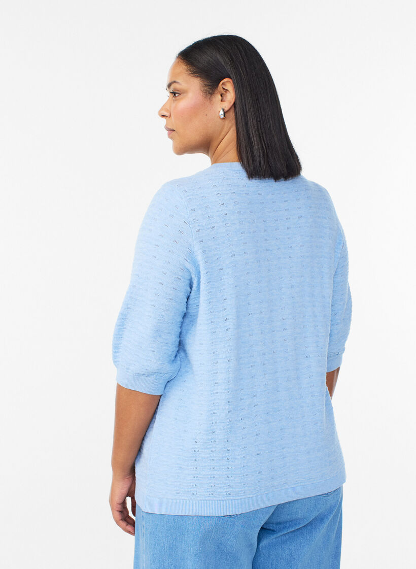 Blouse en maille textur&eacute;e &agrave; manches courtes, Bleu Clair, Model image number 2