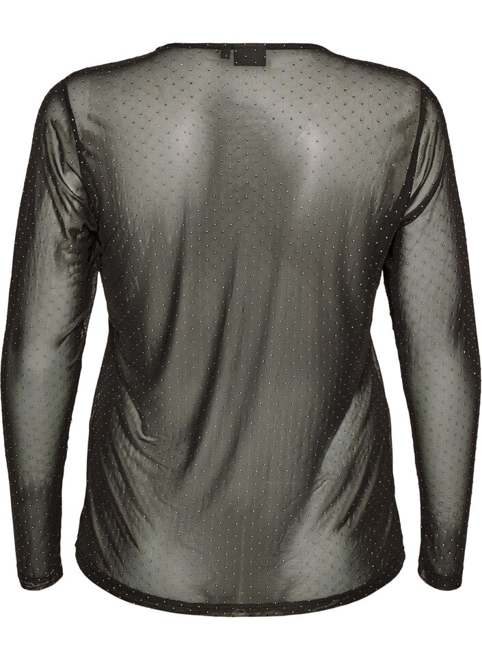 Blouse en maille transparente avec strass, Noir, Packshot image number 1