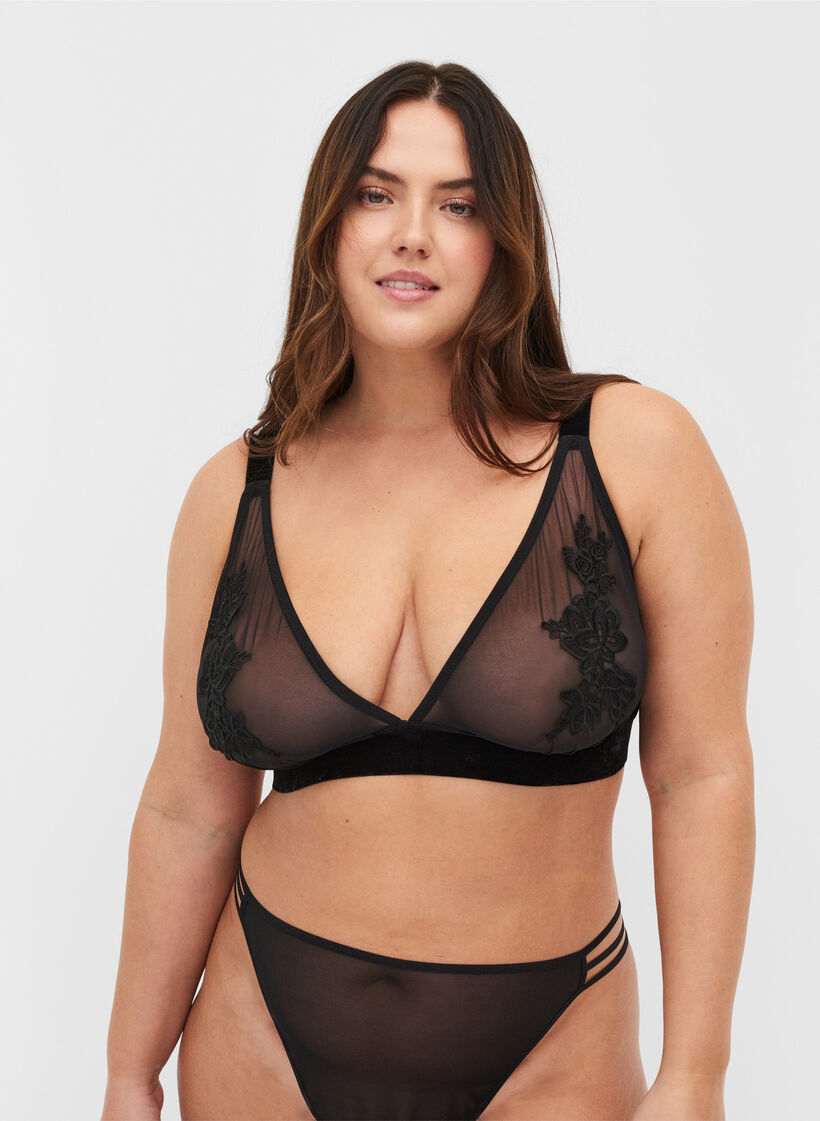 Mesh-BH mit Velours und Spitze, Black, Model image number 0