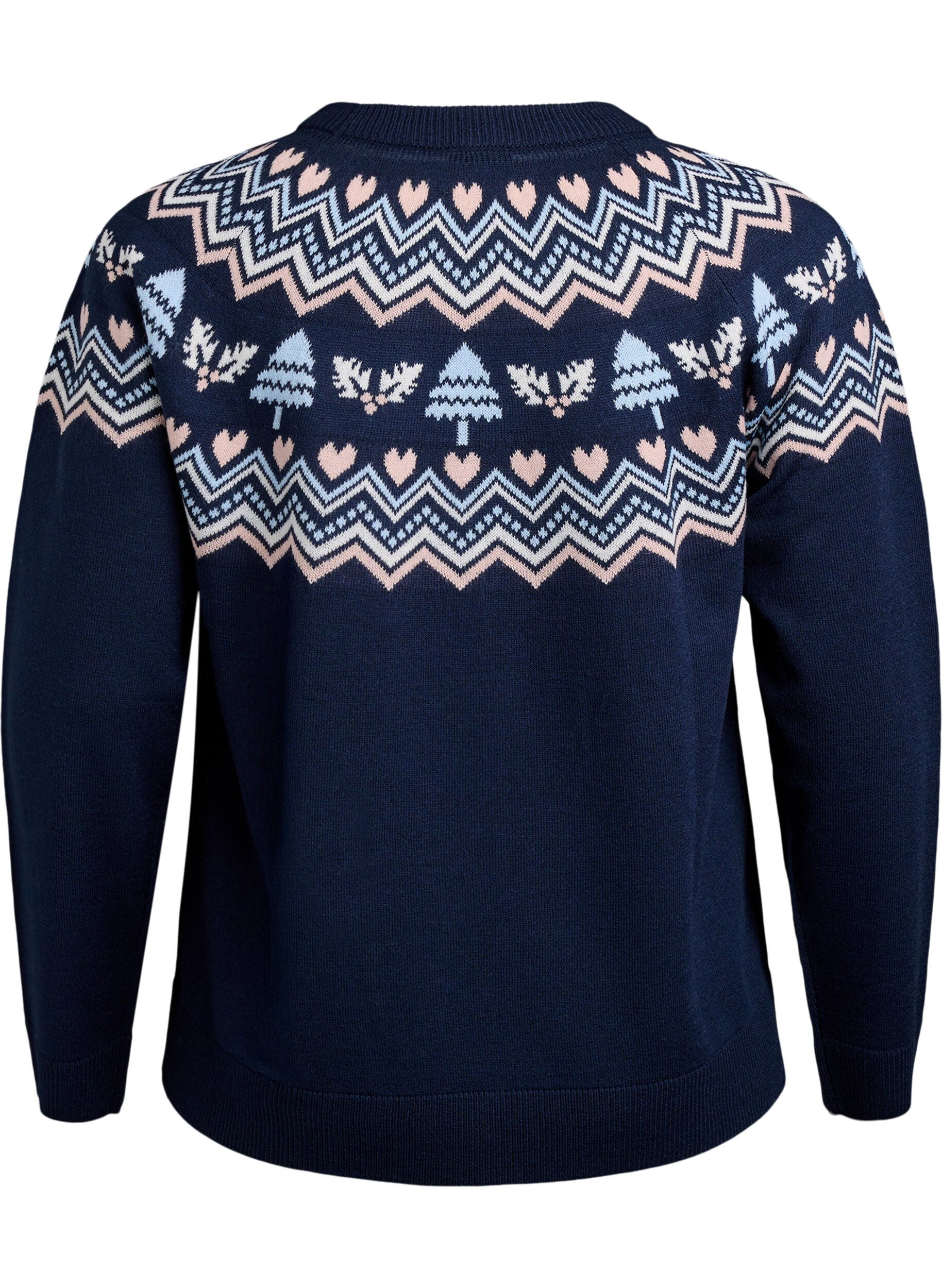 Zizzi Strickbluse mit Jacquardmuster und Weihnachtsmotiven, Blau, Packshot image number 1