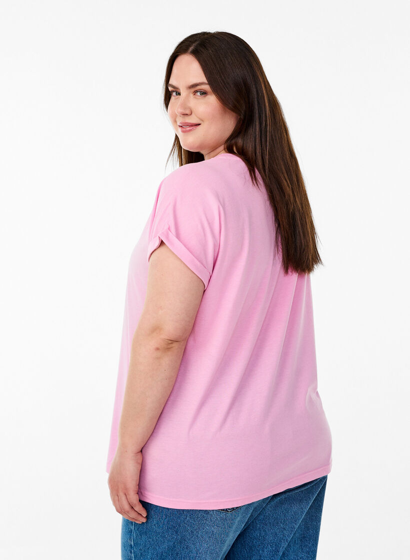 T-shirt &agrave; manches courtes en coton m&eacute;lang&eacute;, Rose, Model image number 2