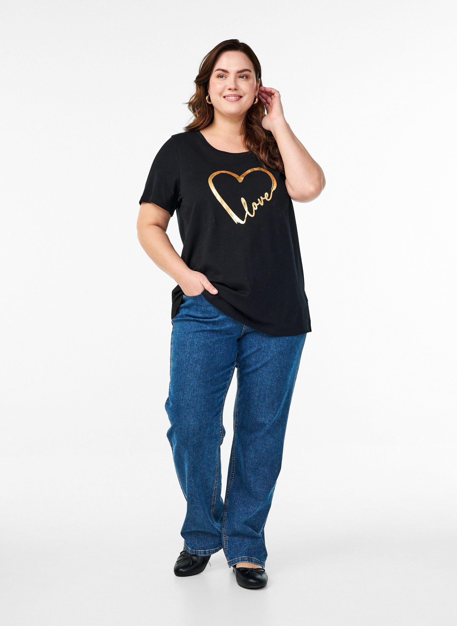 Zizzi T-shirt en coton avec motif, Black w. Gold Love, Model image number 2