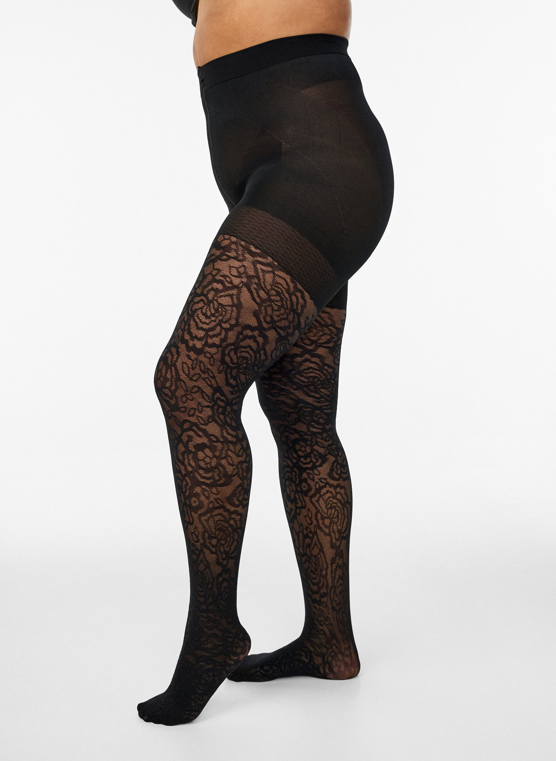 Zizzi 70 den Push-up-Strumpfhose mit Rosenmuster, Schwarz, Model image number 0