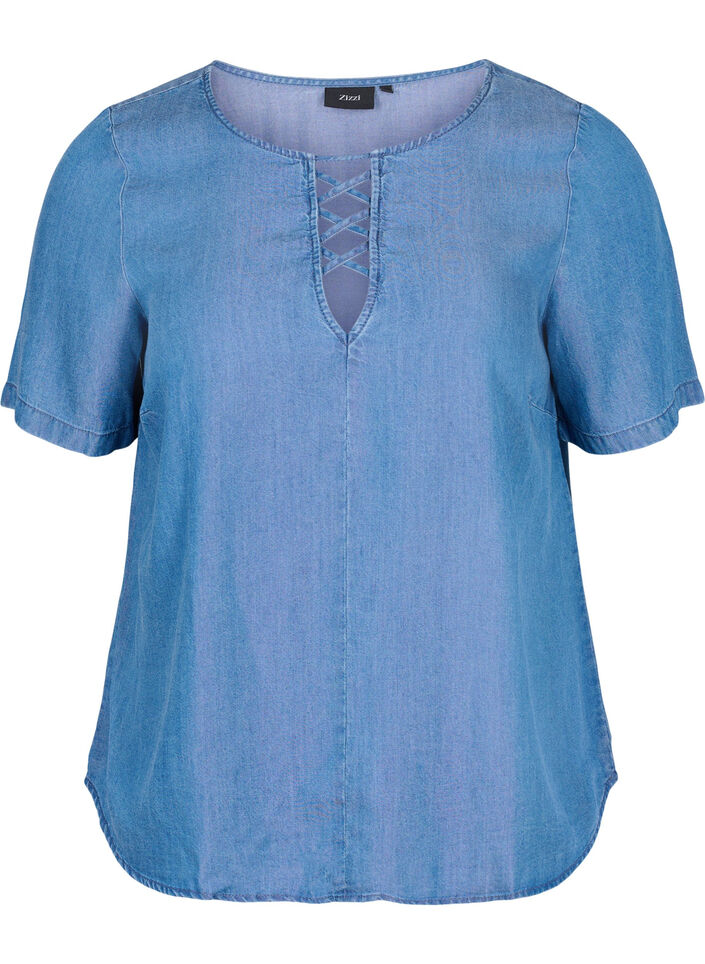 Blouse à manches courtes en lyocell (TENCEL™), Blue denim, Packshot image number 0