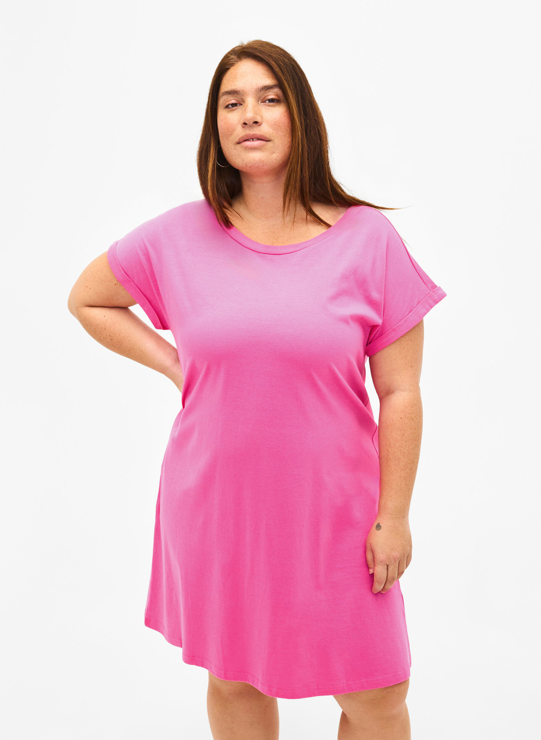 Zizzi Robe en coton &agrave; manches courtes 2-pack, Shocking Pink/Black, Model image number 0