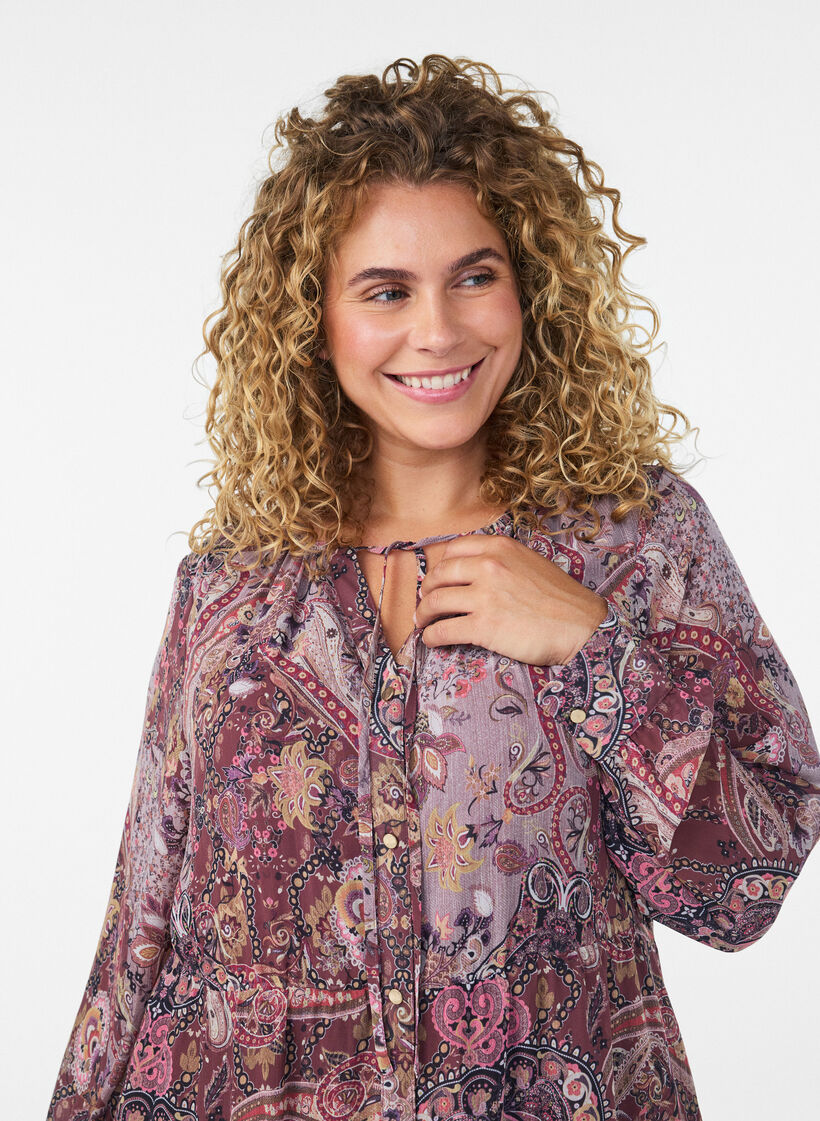 Robe midi &agrave; imprim&eacute; cachemire et taille &eacute;lastique, Violet, Model image number 2