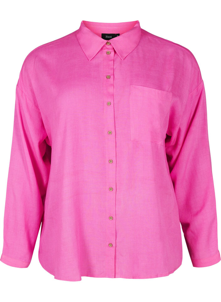 Chemise en tissu de lin et viscose à manches longues, Rose, Packshot image number 0