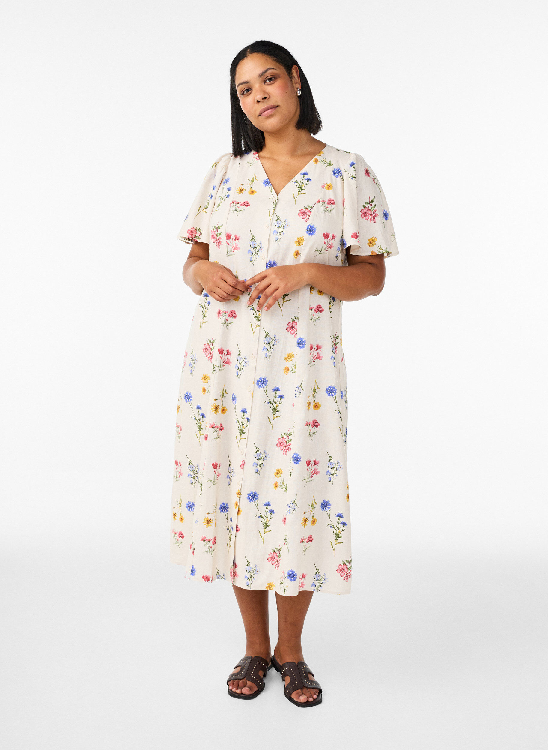 Zizzi Midikleid aus Leinen und Viskose mit R&uuml;schen&auml;rmeln, Beige, Model image number 0