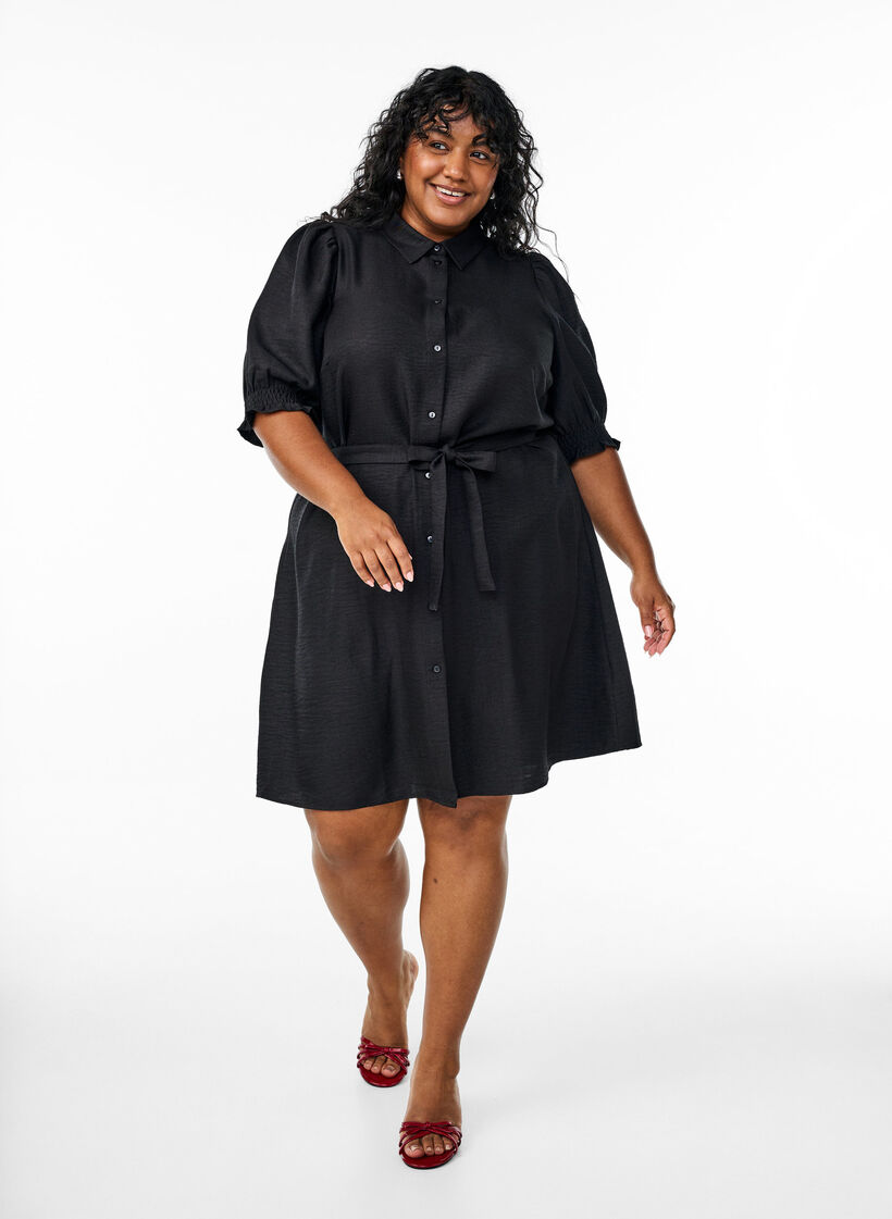 Knielanges Hemdkleid mit Bindegürtel, Schwarz, Model image number 0