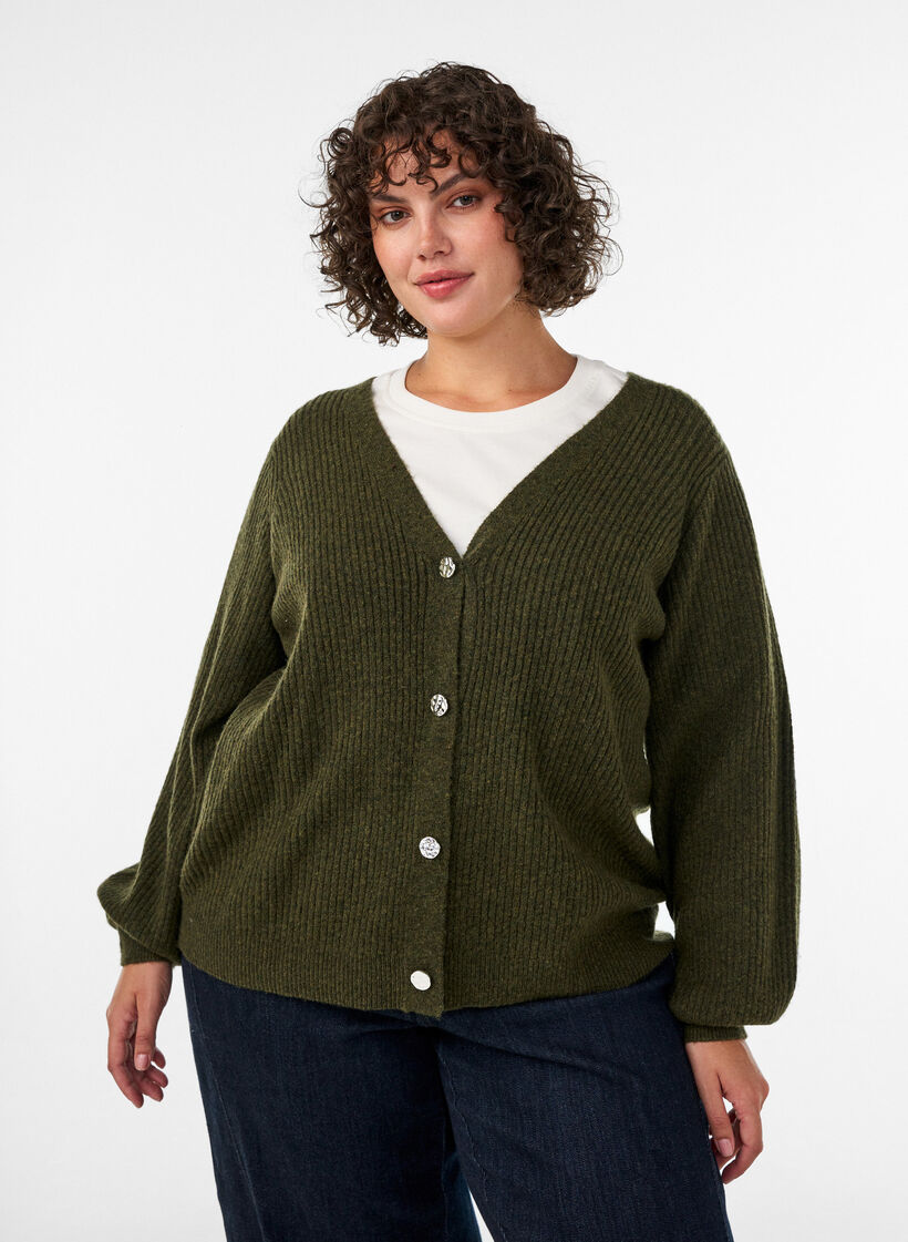 Cardigan avec col en V et texture c&ocirc;tel&eacute;e, Vert fonc&eacute;, Model image number 0