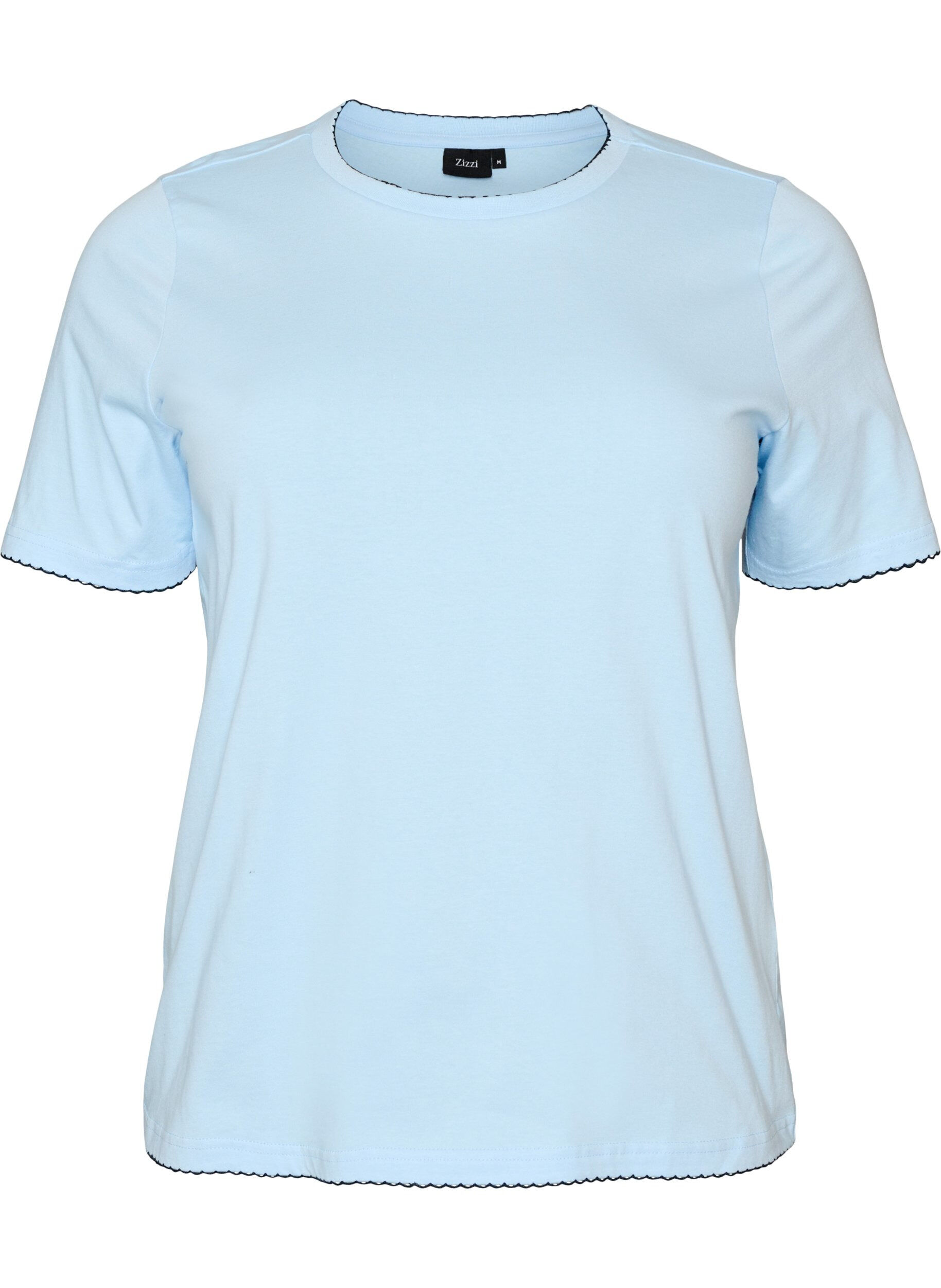 ZizziT-shirt en coton avec bords ondul&eacute;s contrastants, Bleu Clair, Packshot image number 0