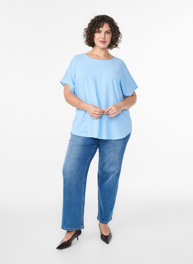 Blouse à manches courtes et encolure ronde, Bleu, Model image number 1