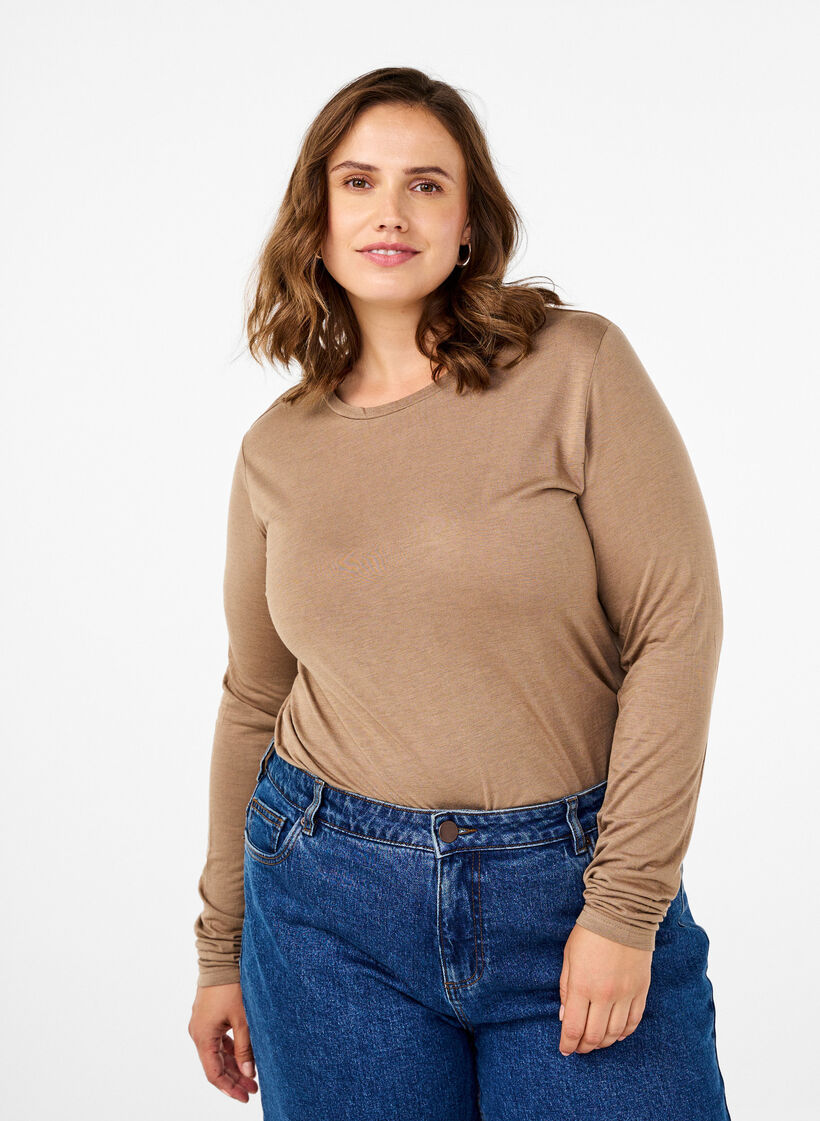 Chemisier &agrave; manches longues en laine et viscose, Marron, Model image number 0