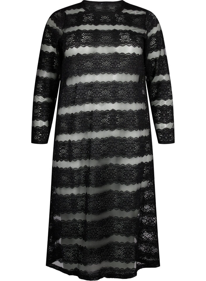 Midikleid mit Spitze und transparentem Mesh, Black, Packshot image number 0