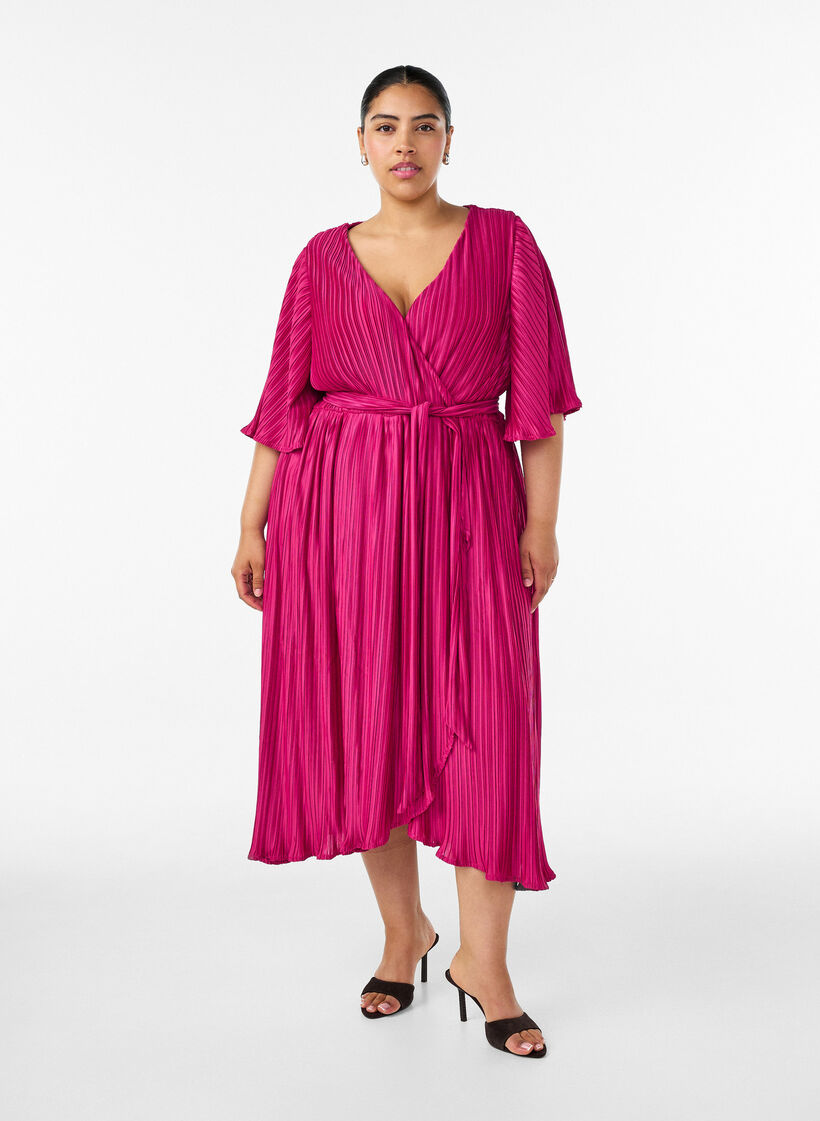 Robe midi pliss&eacute;e avec manches chauve-souris, Rose, Model image number 0