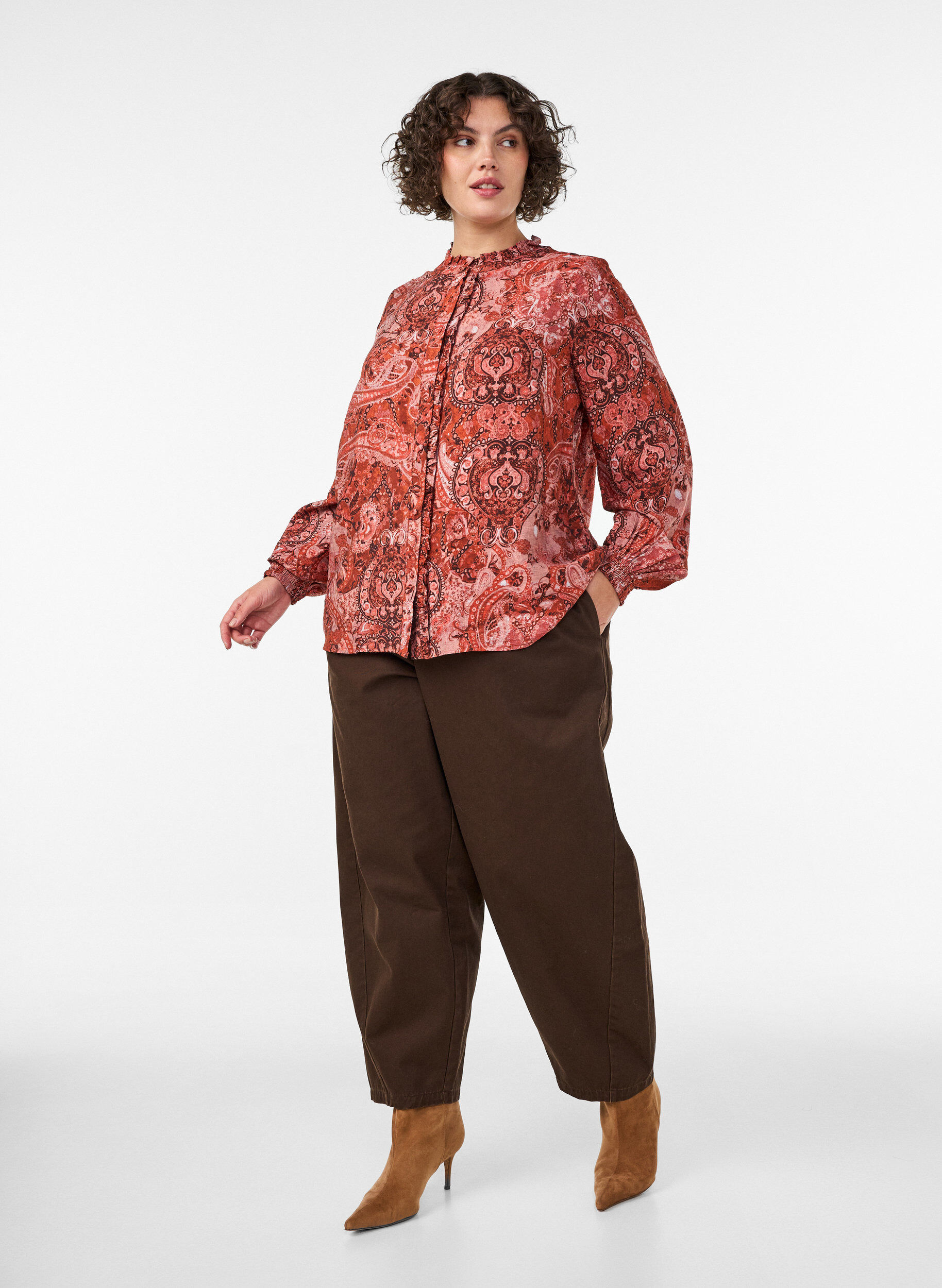ZizziBluse aus Viskose mit Paisley-Print und R&uuml;schen, Orange, Model image number 1