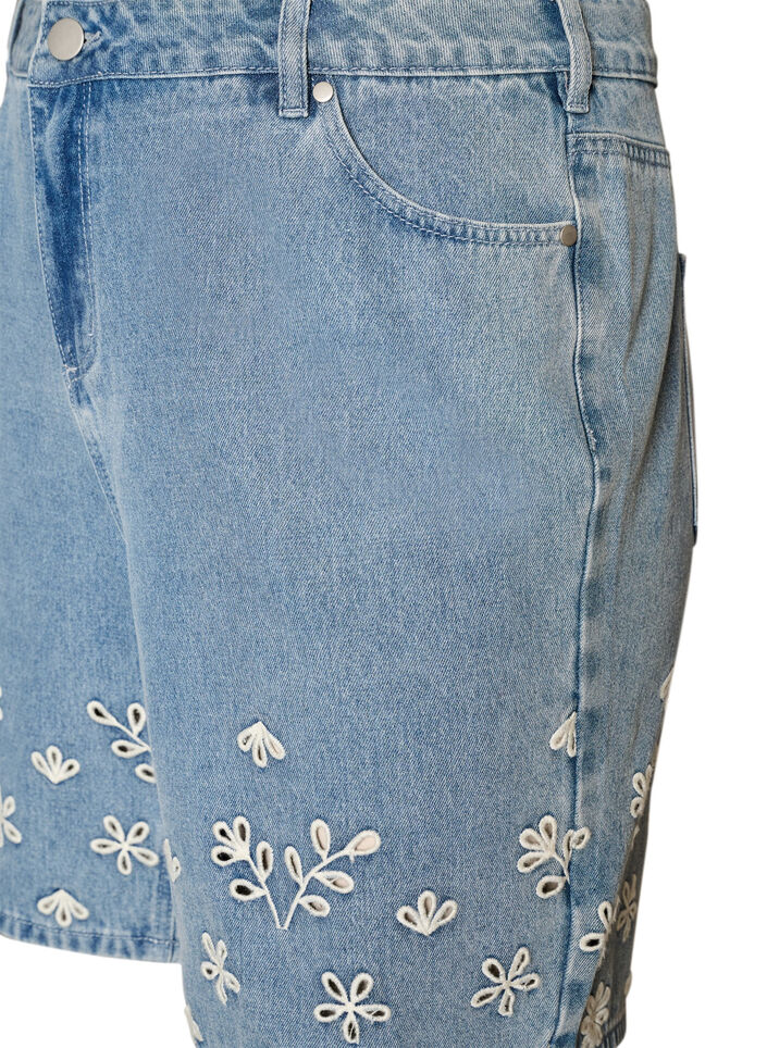 Short en jean taille haute avec broderie anglaise, Bleu Clair, Packshot image number 2