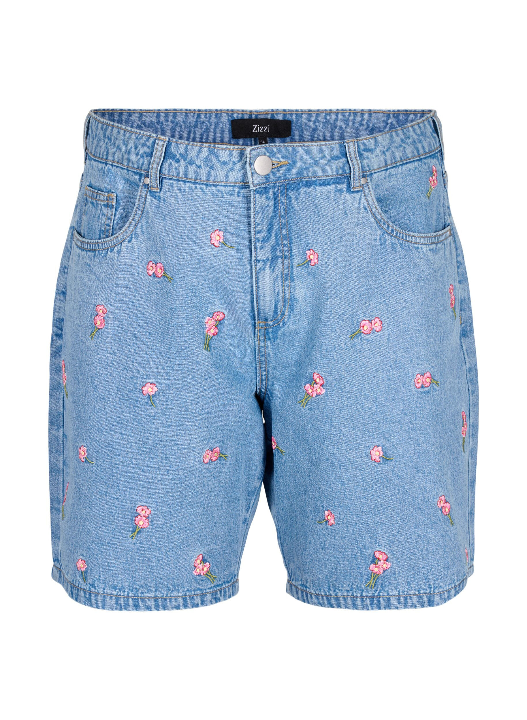 Zizzi Denim-Shorts mit aufgestickten Blumen, Blau, Packshot image number 0