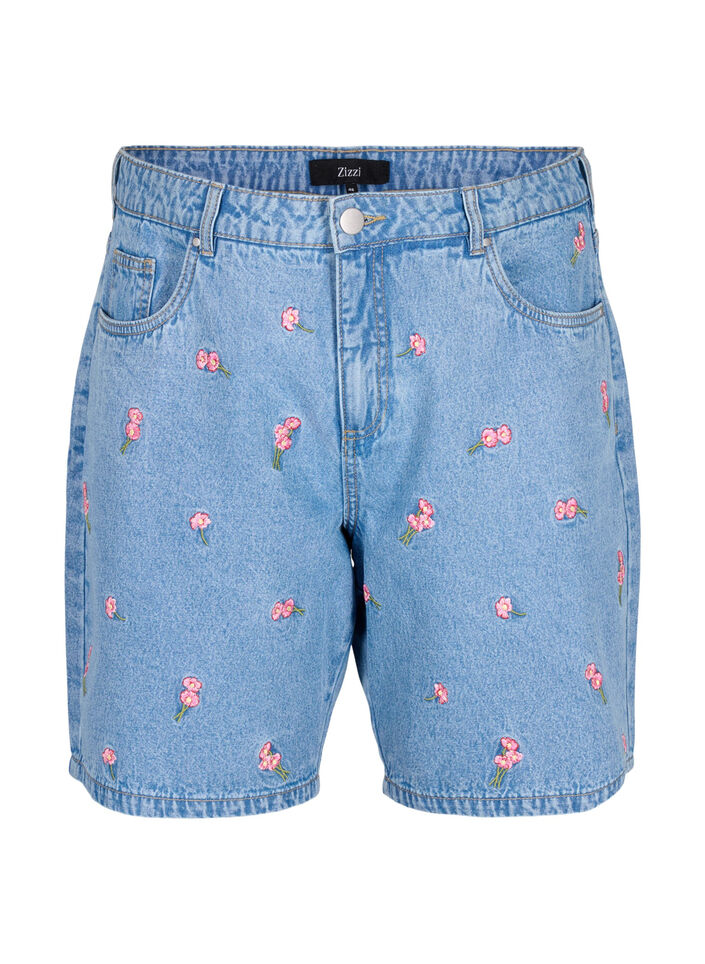 Denim-Shorts mit aufgestickten Blumen, Blau, Packshot image number 0